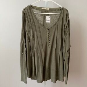 We The Free M Green Henley  Linen Slub Raw Hem Boho Slouchy Lagenlook NWT